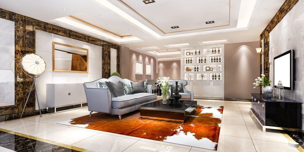 3d rendering modern dining room and living room with luxury decor